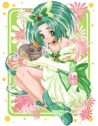 Rule 34 | 00s, 1girl, akimoto komachi, bare shoulders, bow, brooch, bug, butterfly, choker, creature, cure mint, dress, flower, full body, green eyes, green hair, high heels, bug, jewelry, long hair, lowres, magical girl, matching hair/eyes, maya+, nuts, nuts (yes! precure 5), precure, red flower, red rose, ribbon, rose, shoes, smile, solo, yes! precure 5