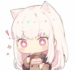 Rule 34 | !, + +, 1girl, animal ears, blush stickers, cake, cat ears, cat tail, eating, fire emblem, fire emblem: three houses, food, garreg mach monastery uniform, holding, holding plate, kvlen, long hair, long sleeves, lysithea von ordelia, nintendo, pink eyes, plate, simple background, solo, tail, uniform, white background, white hair