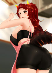Rule 34 | 1girl, absurdres, apron, artist request, ass, bare shoulders, black shorts, blush, breasts, dola (nijisanji), dragon horns, dragon tail, from behind, from below, highres, horns, huge ass, large breasts, long hair, looking at viewer, nijisanji, open mouth, orange eyes, ponytail, red hair, shiny clothes, shiny skin, short shorts, shorts, sideboob, solo, tail, virtual youtuber