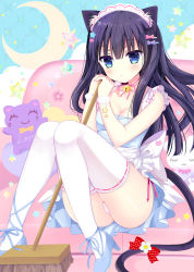 Rule 34 | 1girl, :o, animal ear fluff, animal ears, apron, black hair, blue dress, blue eyes, blue footwear, blush, bow, breasts, broom, cat ears, cat girl, cat tail, cleavage, commentary request, couch, crescent, dress, frilled apron, frills, hair between eyes, hair bow, hair ornament, hairclip, high heels, highres, knees together feet apart, knees up, long hair, looking at viewer, medium breasts, on couch, original, panties, parted lips, pillow, pink bow, purple bow, ribbon-trimmed legwear, ribbon trim, shiwasu horio, shoes, sitting, solo, star (symbol), star hair ornament, tail, thighhighs, underwear, very long hair, white apron, white panties, white thighhighs
