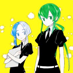 Rule 34 | 2others, arms at sides, belt, black neckwear, black shirt, blue eyes, blue hair, clipboard, closed mouth, dandelion, euclase (houseki no kuni), expressionless, flower, gem uniform (houseki no kuni), green eyes, green hair, hair between eyes, hair rings, heterochromia, houseki no kuni, jade (houseki no kuni), l hakase, long hair, looking at viewer, multicolored hair, multiple others, necktie, puffy short sleeves, puffy sleeves, shirt, short sleeves, signature, smile, tareme, twitter username, two-tone hair, uniform, upper body, very long hair, white belt, white hair, wing collar, yellow background
