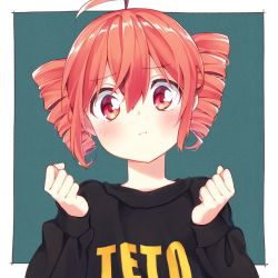 Rule 34 | 1girl, absurdres, ahoge, aizaki utau, blush, character name, clenched hands, clothes writing, drill hair, hands up, highres, kasane teto, looking at viewer, pout, red eyes, red hair, short hair, simple background, solo, sweater, twin drills, upper body, utau