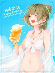 Rule 34 | 1girl, :d, alcohol, bad id, bad pixiv id, bangle, bare arms, bare shoulders, beer, beer mug, bikini, blue sky, blunt bangs, blush, border, bracelet, breasts, cleavage, closed eyes, collarbone, cup, day, earrings, front-tie bikini top, front-tie top, glint, green hair, happy birthday, highres, holding, idolmaster, idolmaster cinderella girls, jewelry, magako, mole, mole under eye, mug, necklace, open mouth, outdoors, shawl, short hair, sky, small breasts, smile, solo, swimsuit, takagaki kaede, teeth, upper body, upper teeth only, white bikini