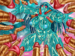 Rule 34 | alpha-152, aqua theme, blue hair, blue theme, breasts, bukkake, censored, cum, dead or alive, huge breasts, long hair, monster girl, naughty face, nipples, plump, red eyes, slime girl, tecmo, thick thighs, thighs, tongue