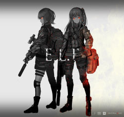 Rule 34 | 2girls, armband, backpack, bag, belt, boots, closed mouth, commentary, dot nose, english text, fire, fire, grey background, greyscale, gun, hand on own hip, highres, holding, holding gun, holding weapon, inabi, knee pads, leg belt, long hair, long sleeves, looking to the side, medium hair, military, monochrome, multiple girls, one side up, original, ponytail, red eyes, rifle, scope, shorts, shoulder bag, sniper rifle, sparks, spot color, standing, suppressor, weapon, weapon request