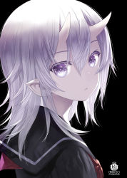 Rule 34 | 1girl, :&lt;, artist name, black background, black sailor collar, black shirt, capriccio, closed mouth, commentary request, grey hair, hair between eyes, horns, long hair, looking at viewer, looking to the side, neckerchief, oni, oni horns, original, pointy ears, purple eyes, red neckerchief, sailor collar, school uniform, serafuku, shirt, signature, simple background, solo, upper body