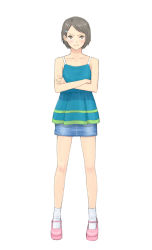 Rule 34 | &gt;:(, 1girl, blue dress, blush, breasts, brown eyes, closed mouth, crossed arms, denim, denim skirt, dress, frown, full body, grey hair, hair ornament, hairclip, looking at viewer, original, pink footwear, shoes, short hair, simple background, skirt, sleeveless, sleeveless dress, small breasts, socks, solo, standing, v-shaped eyebrows, white background, white socks, yahiro (epicopeiidae)