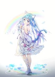 Rule 34 | 1girl, absurdres, animal ear fluff, animal ears, bare shoulders, blue eyes, blue flower, blue hair, braid, cat ears, cat girl, cat tail, closed mouth, commentary request, commission, danby merong, detached sleeves, dress, flower, hand up, high heels, highres, holding, holding flower, long hair, long sleeves, looking at viewer, looking back, original, petals, pixiv commission, puffy long sleeves, puffy sleeves, purple flower, rainbow, shoes, sleeves past wrists, smile, solo, standing, tail, very long hair, white background, white dress, white footwear, white sleeves