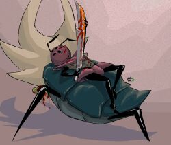 Rule 34 | 1girl, armor, arthropod girl, blood, bug, god tamer (hollow knight), helmet, highres, holding, holding weapon, hollow knight, ink soldier, lying, on back, sword, tagme, weapon