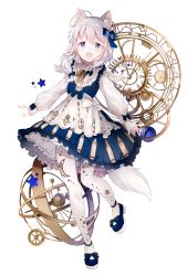 Rule 34 | 1girl, :d, absurdres, amafuyu, animal ears, bad id, bad pixiv id, blush, bow, cat ears, dress, eyebrows, hair between eyes, highres, lolita fashion, looking at viewer, moon, open mouth, original, pantyhose, silver hair, smile, standing, standing on one leg, star (symbol), tail, white pantyhose