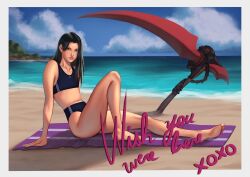 Rule 34 | 1other, absurdres, alternate costume, androgynous, beach, bikini, black bikini, black hair, blue sky, cloud, cloudy sky, day, guilty gear, guilty gear strive, highres, horizon, long hair, looking at viewer, mortificent, navel, ocean, other focus, outdoors, red eyes, sand, scythe, sitting, sky, swimsuit, testament (guilty gear)