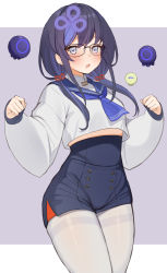 Rule 34 | 1girl, absurdres, black hair, blouse, blue hair, blue neckerchief, blue sailor collar, blue shorts, blueberry, blush, choco tanuki, crop top, fang, food, fruit, glasses, grey eyes, hair over shoulder, high-waist shorts, highres, long hair, long sleeves, looking at viewer, low twintails, multicolored hair, neckerchief, nijisanji, outside border, pantyhose, pantyhose under shorts, parted lips, ponto nei, sailor collar, school uniform, shirt, short shorts, shorts, skin fang, sleeves past wrists, solo, spirit, streaked hair, taut clothes, taut shorts, thighband pantyhose, thighs, twintails, virtual youtuber, white pantyhose, white shirt
