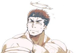 1boy bad_id bad_pixiv_id bara bodysuit facial_hair fire flaming_halo frown halo large_pectorals male_focus mature_male muscular muscular_male muted_color pectorals po_fu short_hair sideburns skin_tight stubble sweatdrop thick_eyebrows tokyo_houkago_summoners upper_body zabaniyya_(housamo)