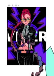 Rule 34 | 1girl, 9-me, bad id, bad pixiv id, belt, between breasts, black gloves, blue eyes, breasts, character name, crimson viper, dated, earrings, formal, glasses, glove pull, gloves, jewelry, lips, long hair, midriff, navel, necktie, necktie between breasts, pompadour, red hair, safety glasses, solo, street fighter, street fighter iv (series), suit, sunglasses, tinted eyewear, very long hair, yellow-tinted eyewear