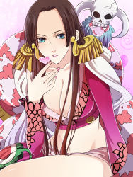 Rule 34 | 1girl, amazon lily, amazon warrior, black hair, blue eyes, boa hancock, breasts, cape, cleavage, female focus, heart, highres, horns, jacket, long hair, long skirt, looking at viewer, navel, one piece, red jacket, salome (one piece), side slit, skirt, skull, snake