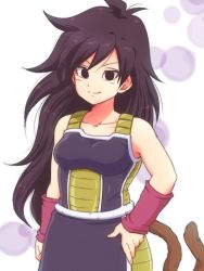 Rule 34 | 1girl, alternate hair length, alternate hairstyle, arm at side, armor, bada tomomo, bare arms, bare shoulders, black eyes, black hair, bubble, commentary request, cowboy shot, dragon ball, dragon ball super, dragon ball super broly, floating hair, gine, hand on own hip, happy, long hair, looking at viewer, simple background, skirt, smile, solo, standing, tail, white background, wristband
