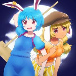 Rule 34 | 2girls, alternate hairstyle, animal ears, arm behind head, arm up, blonde hair, blue hair, blue shirt, blue skirt, breasts, brown headwear, cloud, collarbone, commentary request, cowboy shot, crop top, earclip, flat cap, floppy ears, full moon, hairstyle switch, hat, highres, kine, leaning forward, light frown, locked arms, long hair, looking at viewer, low twintails, mallet, medium breasts, midriff, moon, multiple girls, navel, open mouth, orange shirt, puffy short sleeves, puffy sleeves, rabbit ears, rabbit tail, red eyes, ringo (touhou), seiran (touhou), shirosato, shirt, short hair, short sleeves, shorts, skirt, small breasts, standing, striped clothes, striped shorts, tail, tan, touhou, twintails, yellow shorts