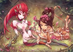 Rule 34 | 2girls, arm support, ass, barefoot, beancurd, breasts, brown eyes, brown hair, cleavage, dark skin, dark-skinned female, flower, full body, high ponytail, highres, league of legends, long hair, looking at viewer, lying, multiple girls, nidalee, on stomach, ponytail, red hair, sitting, smile, tail, thighhighs, thighs, wide hips, yellow eyes, zyra