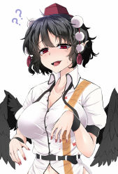 Rule 34 | 1girl, ?, ??, belt, black hair, black wings, breasts, collarbone, collared shirt, dress shirt, feathered wings, hat, highres, large breasts, nail polish, navel, open mouth, pointy ears, pom pom (clothes), red eyes, revision, rihito (usazukin), shameimaru aya, shirt, short hair, simple background, smile, solo, sweat, tokin hat, touhou, upper body, white background, white shirt, wing collar, wings, wrist cuffs