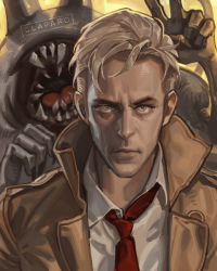 Rule 34 | 1boy, artist name, blonde hair, claparo, collared shirt, commentary, constantine, dc comics, english commentary, john constantine, looking at viewer, male focus, mature male, monster, necktie, red necktie, serious, shirt, short hair, tongue, v, white shirt