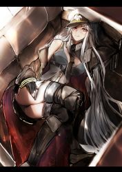 Rule 34 | 1girl, azur lane, belt, black belt, black coat, black neckwear, boots, bra, coat, collared shirt, commentary request, couch, enterprise (azur lane), hair between eyes, hat, letterboxed, looking at viewer, military, miniskirt, necktie, open clothes, open coat, otsunabe (naabe delta), peaked cap, purple eyes, shirt, silver hair, skirt, sleeveless, sleeveless shirt, smile, thigh boots, thighhighs, underbust, underwear, white hat