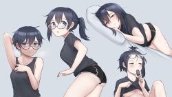 Rule 34 | 1girl, absurdres, arm up, armpits, ass, bed sheet, black hair, black shirt, black shorts, blue eyes, blush, breasts, clothes lift, food, food in mouth, glasses, grey background, highres, ice cream, lifted by self, long hair, lying, m1saki 1, medium breasts, multiple views, on side, open mouth, original, pillow, ponytail, shirt, short hair, shorts