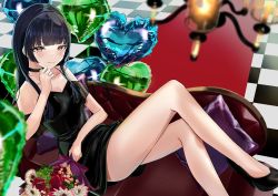 Rule 34 | 1girl, absurdres, balloon, bare legs, bare shoulders, black dress, black footwear, black hair, blush, chandelier, checkered floor, choker, closed mouth, couch, dress, female focus, flower, heart balloon, heels, highres, holding, holding flower, idolmaster, idolmaster shiny colors, indoors, long hair, looking at viewer, mayuzumi fuyuko, metamoru tink, pillow, shiny skin, short dress, sitting, smile, thighs