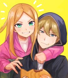 Rule 34 | 1boy, 1girl, :t, arm around neck, black jacket, blue eyes, casual, closed mouth, eyelashes, food, food on face, green eyes, grin, hands up, holding, holding food, hood, hood down, hood up, hooded jacket, hyuse, jacket, konami kirie, long hair, long sleeves, looking at viewer, parted bangs, pink jacket, short hair, simple background, smile, sonoda (mzm), taiyaki, upper body, wagashi, world trigger, yellow background