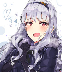 Rule 34 | 1girl, :d, black gloves, blush, coat, gloves, hairband, heart, highres, idolmaster, idolmaster (classic), idolmaster million live!, idolmaster million live! theater days, long hair, looking at viewer, open mouth, purple eyes, shijou takane, silver hair, smile, solo, tuxedo de cat, winter clothes, winter coat