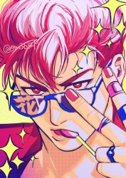 Rule 34 | 1boy, bandaid, bandaid on hand, candy, food, food in mouth, highres, jewelry, lollipop, male focus, multiple rings, nail polish, om3632f, open mouth, pink nails, red hair, ring, sakuragi hanamichi, short hair, slam dunk (series), solo, star (symbol), sunglasses, twitter username, v
