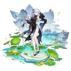 Rule 34 | 1girl, arm up, armpits, black dress, black footwear, china dress, chinese clothes, detached sleeves, dress, genshin impact, grey hair, hair over one eye, hand up, high heels, highres, lily pad, long hair, long sleeves, looking to the side, official alternate costume, official art, parted lips, shenhe (frostflower dew) (genshin impact), shenhe (genshin impact), solo, standing, thighs, transparent background, water, waterfall