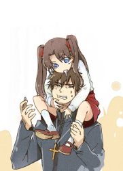 Rule 34 | 1boy, 1girl, asphyxiation, black hair, blue eyes, brown eyes, brown hair, carrying, child, clenched teeth, cross, cross necklace, drooling, fate/zero, fate (series), jewelry, kotomine kirei, linjie, necklace, piggyback, shoulder carry, skirt, strangling, sweatdrop, teeth, tohsaka rin, twintails, two side up, aged down