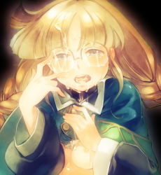 Rule 34 | 1girl, alice soft, blush, braid, breasts, brown hair, cafe artful, cum, cum in mouth, cum on eyewear, earrings, eternal heroes, facial, glasses, hayasaka, jewelry, long hair, nipples, open mouth, rance (series), small breasts, solo