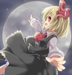 Rule 34 | 1girl, ascot, baku-p, blonde hair, fang, female focus, full moon, hair ribbon, long sleeves, moon, night, open mouth, outstretched arms, red eyes, ribbon, rumia, shirt, skirt, skirt set, sky, solo, touhou, vest