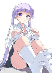 Rule 34 | 1girl, absurdres, blunt bangs, blush, closed mouth, collarbone, collared shirt, commentary request, dress shirt, feet, foot out of frame, grey skirt, hair ornament, highres, long hair, looking at viewer, miniskirt, neck ribbon, new game!, no shoes, pink ribbon, pleated skirt, purple eyes, purple hair, rauto, ribbon, shirt, simple background, sitting, skirt, smile, socks, soles, solo, suzukaze aoba, twintails, very long hair, white background, white shirt, white socks, wing collar