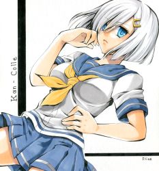 Rule 34 | 10s, 1girl, bad id, bad pixiv id, blue eyes, copyright name, hair ornament, hair over one eye, hairclip, hamakaze (kancolle), hand on own hip, kantai collection, looking at viewer, no legwear, p-line, parune chigetsu, pleated skirt, school uniform, serafuku, short hair, silver hair, skirt, solo