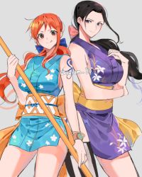 Rule 34 | 2girls, arm tattoo, asymmetrical hair, black hair, blue bow, blue eyes, blue kimono, bow, breasts, clima-tact, closed mouth, commentary, cowboy shot, english commentary, floral print, forehead, grey background, hair bow, hand on own chest, holding, holding weapon, japanese clothes, joman, kimono, large breasts, licking lips, light smile, log pose, long hair, looking at viewer, multiple girls, nami (one piece), nico robin, obi, official alternate costume, one piece, orange eyes, orange hair, parted bangs, pink bow, ponytail, purple kimono, sash, short kimono, side-by-side, sidelocks, simple background, sleeveless, sleeveless kimono, smile, tattoo, thighs, tongue, tongue out, twitter username, weapon