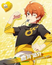 Rule 34 | 1boy, aoi yusuke, blowing whistle, card (medium), character name, clenched hands, fingernails, hair between eyes, idolmaster, idolmaster side-m, layered sleeves, long sleeves, male focus, official art, one eye closed, orange eyes, orange hair, short over long sleeves, short sleeves, smile, whistle, whistle around neck, yellow background