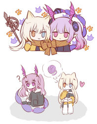 Rule 34 | 2girls, ?, animal ears, arknights, bat wings, blonde hair, blunt bangs, cardigan, cat ears, chibi, chinese commentary, commentary request, head wings, heart, heterochromia, long hair, long sleeves, manticore (arknights), manticore (invisible dirge) (arknights), multiple girls, nightmare (arknights), official alternate costume, pointy ears, purple eyes, purple hair, scarf, scorpion tail, shared clothes, shared scarf, some doctor (mou boshi), staff, tail, twintails, wings, yarn, yarn ball