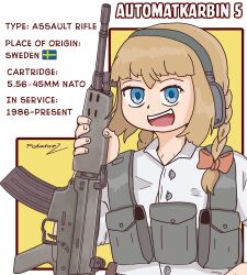 Rule 34 | 1girl, :d, assault rifle, blue eyes, blunt ends, bow, braid, buttons, chest rig, collared shirt, commentary, ear protection, english text, fang, fn fnc, framed, gun, holding, holding gun, holding weapon, information sheet, light brown hair, looking at viewer, open collar, open mouth, orange bow, original, outside border, potatoez, rifle, shirt, short hair, single braid, sleeves rolled up, smile, solo, swedish commentary, swedish flag, swedish text, teeth, two-tone background, upper body, upper teeth only, weapon, weapon name, white background, white shirt, yellow background