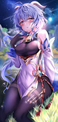 Rule 34 | absurdres, ahoge, bare shoulders, bell, black gloves, black pantyhose, blue hair, blush, breasts, chinese knot, covered navel, curled horns, detached sleeves, flower knot, full moon, furong (furong 0), ganyu (genshin impact), genshin impact, gloves, gold trim, highres, horns, large breasts, long hair, looking at viewer, medium breasts, moon, neck bell, night, night sky, outdoors, pantyhose, purple eyes, sideboob, sitting, sky, solo, tassel, thighlet, thighs, vision (genshin impact), white sleeves