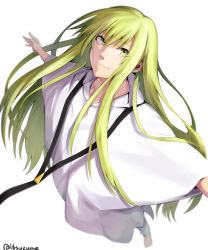 Rule 34 | 1boy, enkidu (fate), fate/strange fake, fate (series), green eyes, green hair, long hair, looking up, male focus, matching hair/eyes, outstretched arms, robe, solo, somemiya suzume, spread arms, white background