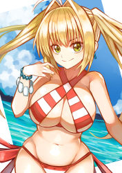 Rule 34 | 1girl, absurdres, ahoge, bare shoulders, bikini, blonde hair, blue sky, bracelet, breasts, closed mouth, cloud, criss-cross halter, day, earrings, fate/grand order, fate (series), fingernails, green eyes, groin, hair intakes, halterneck, hand up, highres, imuzi, jewelry, large breasts, long hair, navel, nero claudius (fate), nero claudius (fate) (all), nero claudius (swimsuit caster) (fate), ocean, outdoors, sky, smile, solo, striped bikini, striped clothes, swimsuit, twintails, very long hair, water