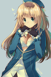 Rule 34 | 10s, 1girl, aqua eyes, atago (kancolle), black gloves, blonde hair, bra, breasts, chig (mizusaki), cleavage, cleavage cutout, clothing cutout, gloves, hat, kantai collection, long hair, looking at viewer, simple background, solo, twitter username, underwear, upper body, white bra