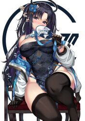 Rule 34 | 1girl, alternate costume, black gloves, black thighhighs, blue archive, blue hair, blush, cenangam, china dress, chinese clothes, cleavage cutout, clothing cutout, covered mouth, dark blue hair, dress, full-face blush, gloves, hand fan, highres, holding, holding fan, jacket, jacket partially removed, looking at viewer, on chair, paper fan, pelvic curtain, simple background, sitting, sleeveless, sleeveless dress, solo, thighhighs, white jacket, yuuka (blue archive)