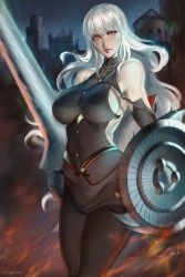 Rule 34 | 1girl, absurdres, bare shoulders, black gloves, breasts, gloves, grey hair, hair between eyes, highres, holding, holding shield, holding spear, holding weapon, large breasts, long hair, looking at viewer, pantyhose, polearm, ragecndy, red eyes, selvaria bles, senjou no valkyria (series), senjou no valkyria 1, shield, solo, spear, weapon