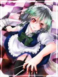Rule 34 | 1girl, alternate hair color, apron, asagi yuna, bad id, bad pixiv id, between fingers, black thighhighs, blush, border, bow, bowtie, braid, checkered floor, eyelashes, face, female focus, floor, from above, garter straps, green hair, highres, holding, izayoi sakuya, knife, lips, maid, maid apron, maid headdress, red eyes, short hair, silver hair, smile, solo, thighhighs, throwing knife, touhou, twin braids, waist apron, weapon
