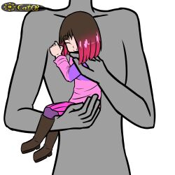 Rule 34 | bete noire, boots, brown hair, closed eyes, glitchtale, happy, picking up, pink hair, pink shirt, purple shirt, shirt, short hair, skirt, smile, white background