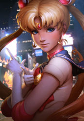 Rule 34 | 1girl, artist name, bishoujo senshi sailor moon, blonde hair, blue eyes, blue sailor collar, bow, bowtie, brooch, building, city lights, cityscape, crescent, crescent earrings, earrings, elbow gloves, gem, glint, gloves, hair bobbles, hair ornament, hair rings, hand gesture, headpiece, highres, jewelry, lips, long hair, looking at viewer, red bow, red bowtie, red gemstone, sailor collar, sailor moon, short sleeves, signature, simple background, skyscraper, smile, solo, stanley lau, tarakanovich, tsuki ni kawatte oshioki yo, tsukino usagi, twintails, upper body, very long hair, watermark, web address, white gloves