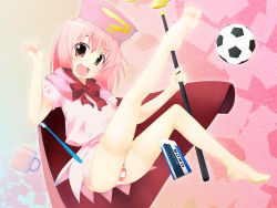 Rule 34 | 1girl, :d, ?, ball, benesse, brown eyes, cape, cup, eraser, fang, feet, hat, hatena yousei, hubrael, long hair, mug, open mouth, panties, pantyshot, pink hair, pink hat, smile, soccer ball, solo, striped clothes, striped panties, thighhighs, toothbrush, underwear